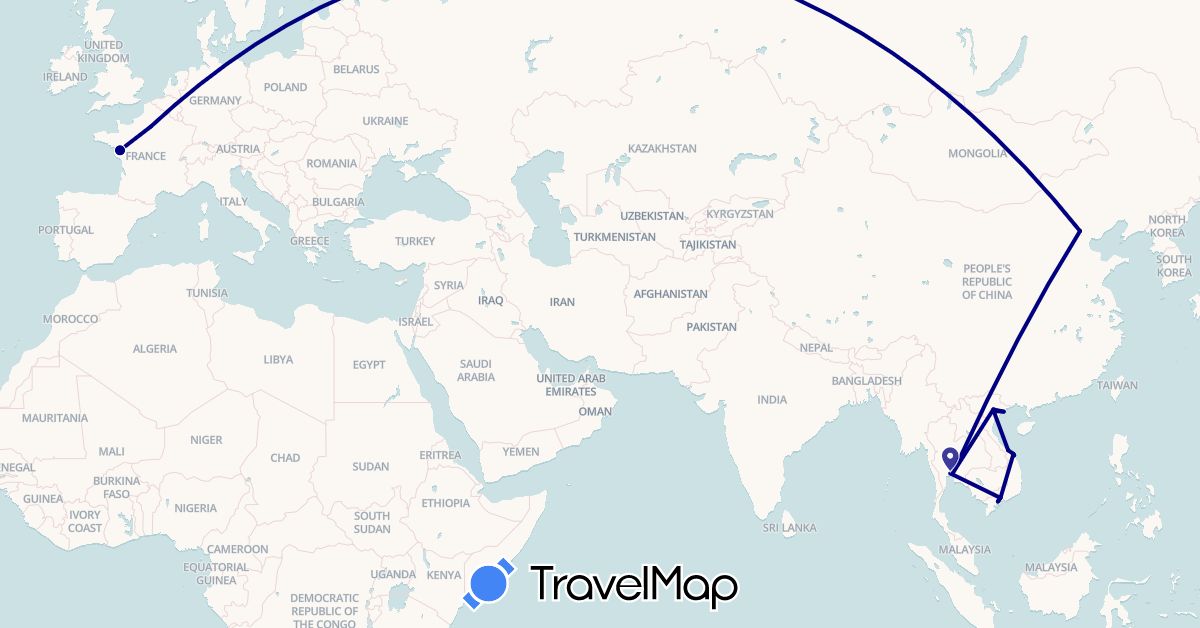 TravelMap itinerary: driving in China, France, Thailand, Vietnam (Asia, Europe)